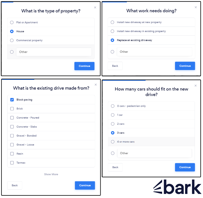 Screenshots showing the process of submitting a block paving quotation from bark.