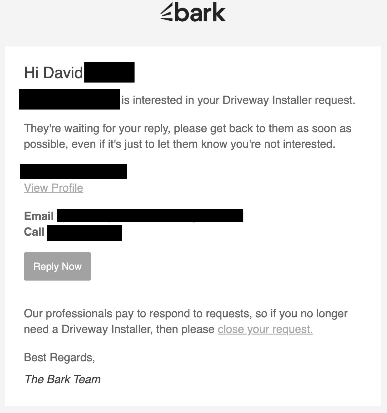 Screenshot of Message received from Driveway Company on Bark